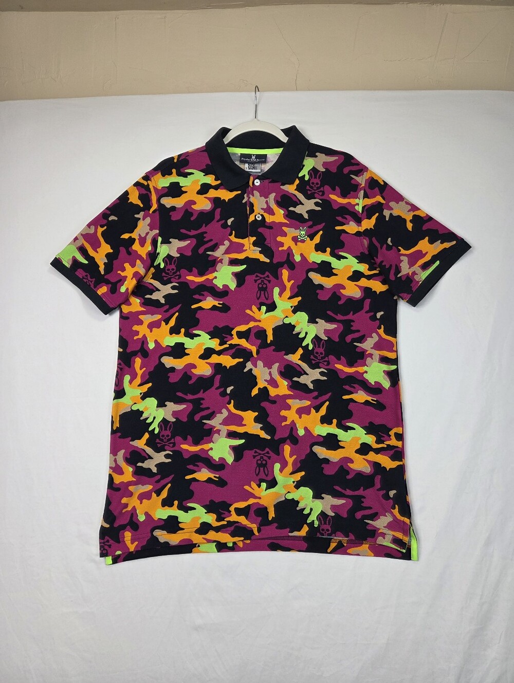 Psycho Bunny Large Neon Camo Polo Shirt Pink Black Green Skull Bunny 100% Cotton